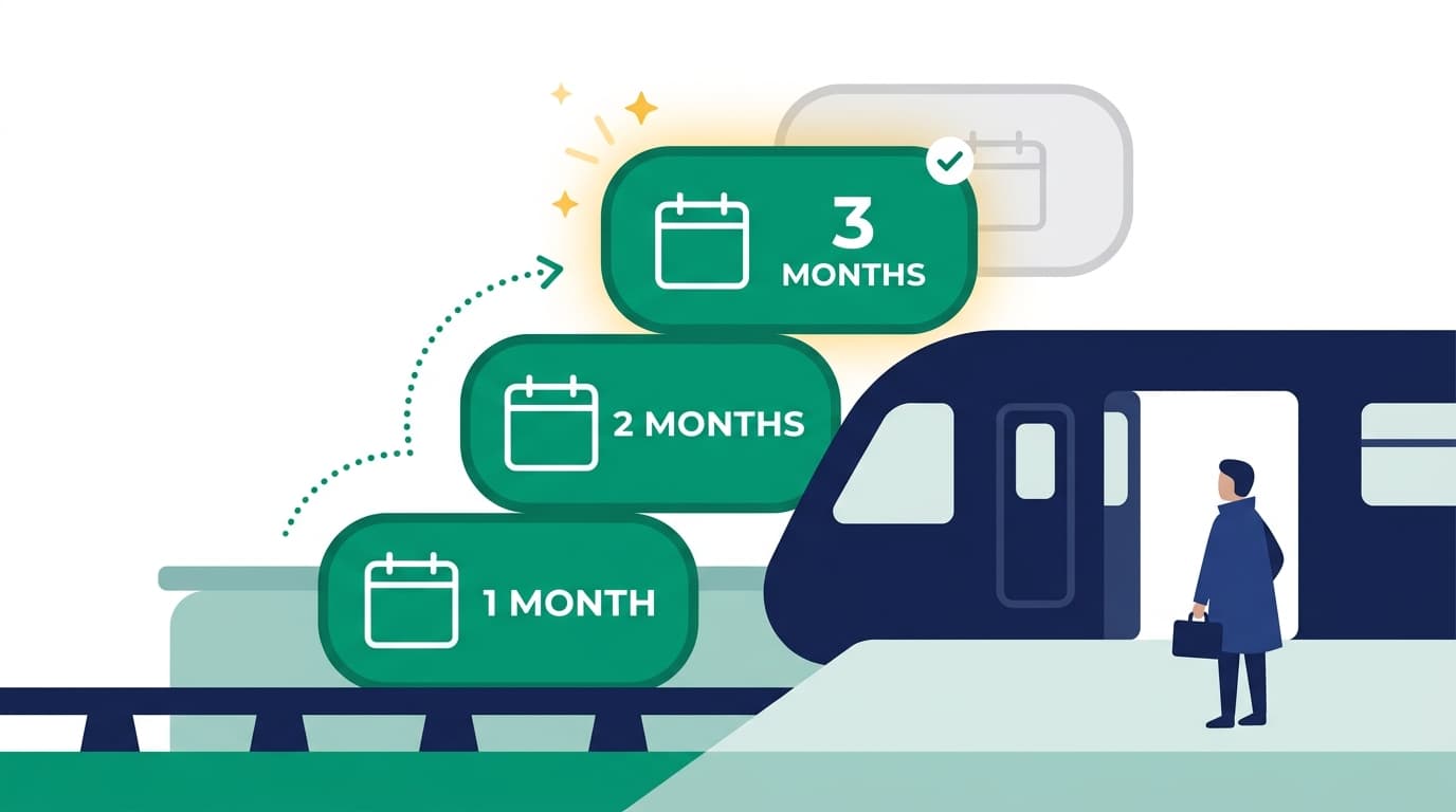 Free months stacking up to a maximum of three, shown as badges beside a train