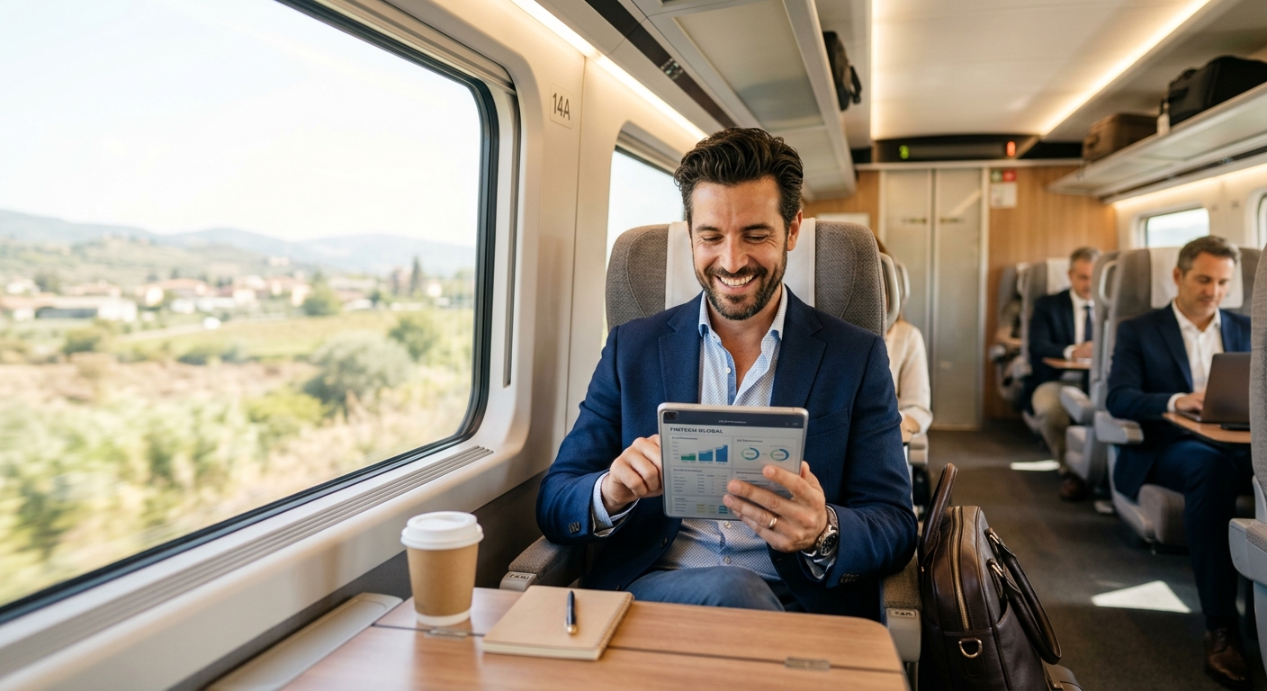 Cheerful productive rail commuter securing delay refunds